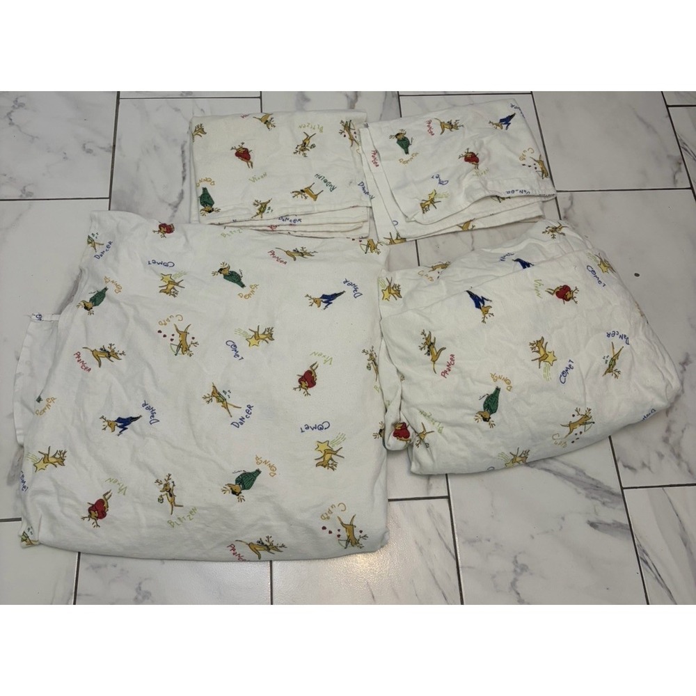 Vintage Pottery Barn Rudolph Reindeer Sheet Set Twin Size Cotton Rare Christmas